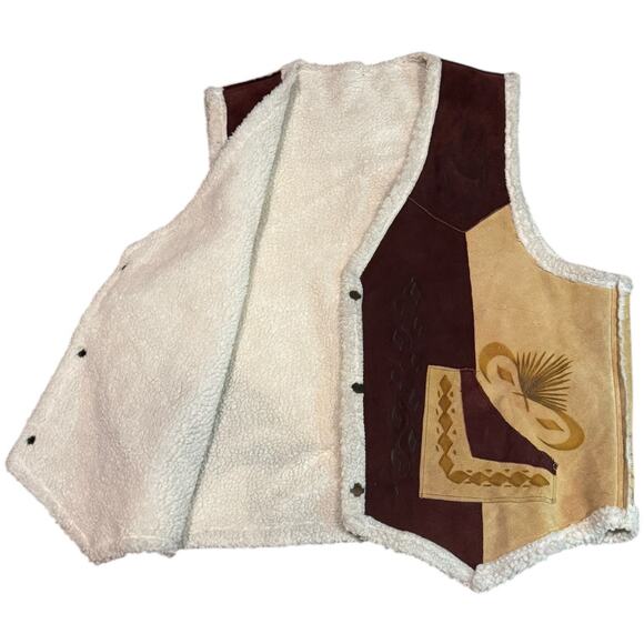 Vintage Pyrographed leather Suede Rooster Western Sherpa lined Vest size XL - Picture 3 of 16